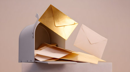 Open mail box with golden envelope on gray background. Mailbox with envelopes in front of a gray wallの素材