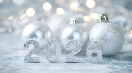 New Year's card with silver balls and numbers 2026 on a bokeh backgroundの素材