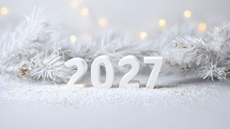Happy New Year and Merry Christmas background with silver numbers 2027 and snow. Happy New Year 2027. White background with white balloons. Color of the year cloud dencerの素材