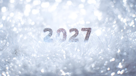 Happy New Year and Merry Christmas background with silver numbers 2027 and snow. Happy New Year 2027. White background with white balloons. Color of the year cloud dencerの素材