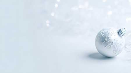 Christmas background with white fir branches and snowflakes. Copyspace. Silver Christmas balls and snowflakes on white bokeh background. White cloud dencer colorの素材
