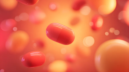Realistic red and orange capsule pills on orange background. Red capsule pill on orange bokeh background. abstract medical backgroundの素材