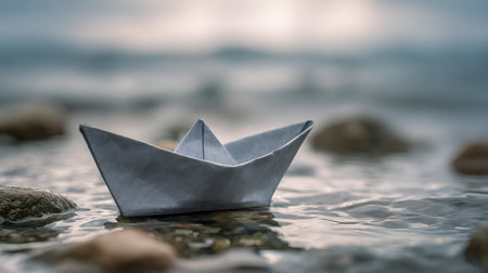 Paper boat origami in the sea. Selective focus. Shallow depth of fieldの素材