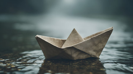 Paper boat floating in the water. Conceptual image of travel and adventureの素材