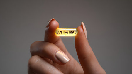 The concept of medical technology, the Internet, and the network. A young woman shows a capsule with a text anti-varalの素材