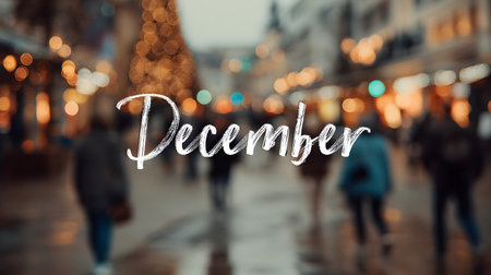 December is written on a blurred background with bokeh Christmas tree lights and people at Christmas marketの素材