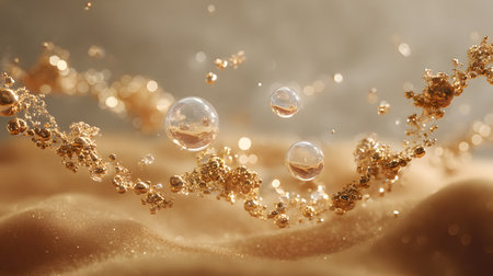Molecular structure, golden. golden air bubbles floating in water. abstract background. Abstract background with bokeh effect.の素材