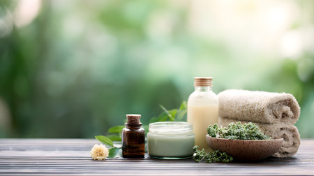 Spa background with essential oil, soap, salt, lavender flowers, and stones. Spa still life with towels, sea salt, stones, and green leaves on a light background. Spa composition with aroma oil and towels on the table, closeupの素材