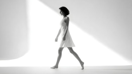 Cloud dancer trend color. Silhouette of a beautiful girl in a white dress on a white background. modern ballet dancer in a white dress posing in a studio with shadows on a wallの素材