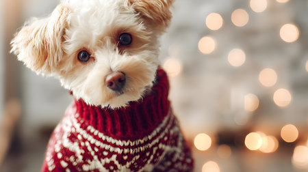 Cute Yorkshire Terrier dog in knitted sweater at home on bokeh background. Cute little dog in knitted sweater on background of Christmas lightsの素材