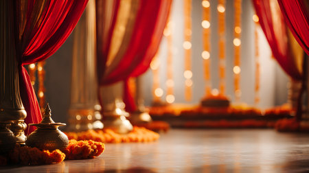 Navratri festival background, Buddhist religious ceremony in the temple, close-up. golden garlands and red background, selective focus, golden temple bells, and marigold garlandsの素材