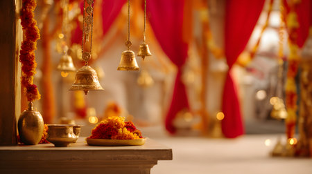 Navratri festival background, Buddhist religious ceremony in the temple, close-up. golden garlands and red background, selective focus, golden temple bells, and marigold garlandsの素材