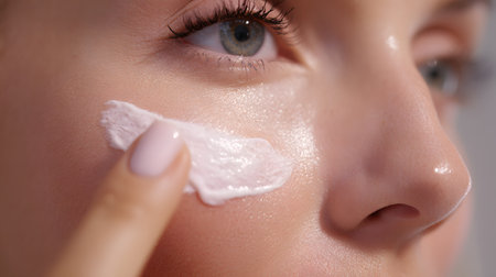 Close-up of a Caucasian woman applying a small drop of face cream to her cheekの素材