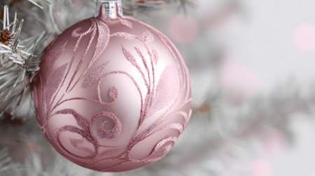 Pink Christmas ball on the Christmas tree with bokeh background, copy space. Pink Christmas ball hanging on a white Christmas tree.の素材