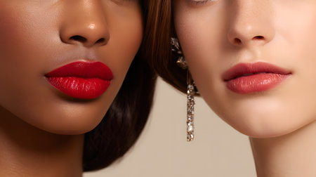 Close-up portrait of two beautiful young women with red lips. Two glamorous young women models with red lipsの素材