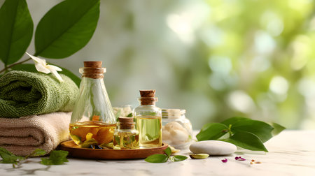 Spa background with essential oil, soap, salt, lavender flowers, and stones. Spa still life with towels, sea salt, stones, and green leaves on a light background. Spa composition with aroma oil and towels on the table, closeupの素材