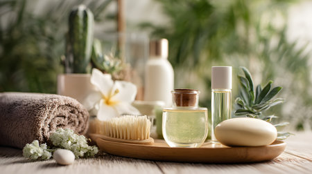 Spa still life with natural cosmetic products on a wooden background. Spa setting with sea salt, towels and flowers on wooden tableの素材