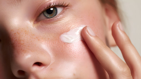 Close-up of a Caucasian woman applying a small drop of face cream to her cheekの素材