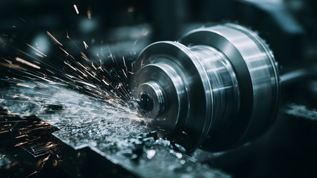 Close-up of a metal part being machined on a lathe, sparks flying. selective focus, Cool tones, sharp textures. craftsmanship and industrial precisionの素材