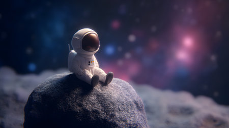 Miniature of an astronaut sitting on the rock. Space backgroundの素材
