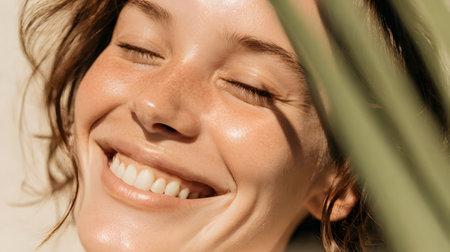 Close up portrait of a beautiful young woman smiling with closed eyesの素材