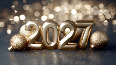 Happy New Year 2027. Golden numbers on a black bokeh backgroundの素材