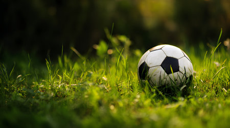 Soccer ball on green grass field with sunlight. Sport and recreation conceptの素材