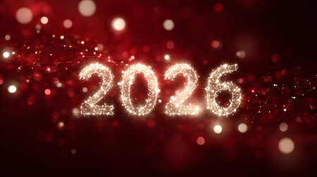 Happy New Year and Merry Christmas background. Happy New Year 2026 on a red backgroundの素材