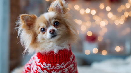 Cute dog in knitted sweater at home on bokeh background. Cute little dog in knitted sweater on background of Christmas lights. Cute chihuahua dog in sweaterの素材