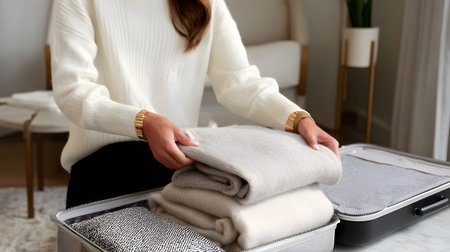Young woman packing clothes into a suitcase at home, close-up. Cropped image of a young woman packing clothes into a suitcase in the living room. Close-up of hands, copy spaceの素材