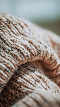Close-up of knitted woolen scarf or sweater. Knitted winter clothing. Selective focusの素材