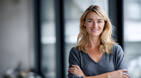 Portrait of a beautiful businesswoman standing with crossed arms in a modern office. Smiling, confident professionalの素材