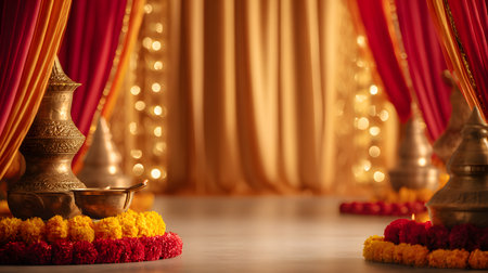 Navratri festival background, Buddhist religious ceremony in the temple, close-up. golden garlands and red background, selective focus, golden temple bells, and marigold garlandsの素材