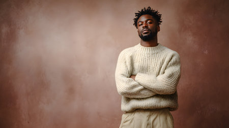 Portrait of a black man in his 30s, short curly hair, wearing a cream knit sweater and relaxed beige trousers, standing with arms crossed. Dusty rose backgroundの素材