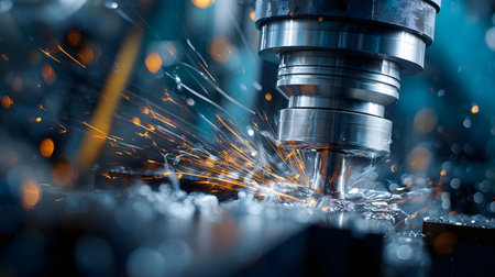 Close-up of a metal part being machined on a lathe, sparks flying. selective focus, Cool tones, sharp textures. craftsmanship and industrial precisionの素材