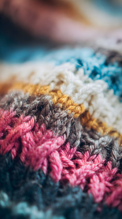 kneat sweater texture close up. Knitted woolen sweaters. Close-up. Selective focus. Multicolored wool yarn background. Close-up of knitting wool textureの素材