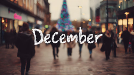 December is written on a blurred background with bokeh Christmas tree lights and people at Christmas marketの素材