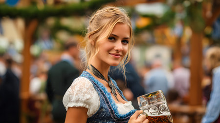 Beautiful young woman in a dirndl drinking beer at Oktoberfest. Selective focus on the girlの素材