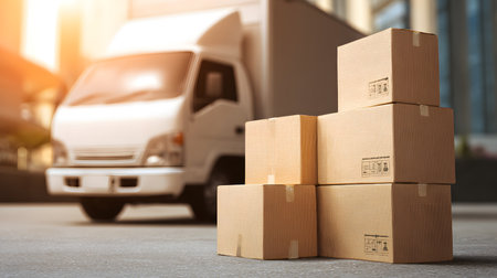 Cardboard boxes stacked in front of a delivery truck. Selective focus. Cardboard boxes on the road with a truck in the background, moving houses conceptの素材