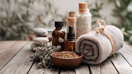 Spa still life with essential oil, natural soap, towels, and herbs on a wooden table. Spa still life with flowers, stones and towels on light backgroundの素材