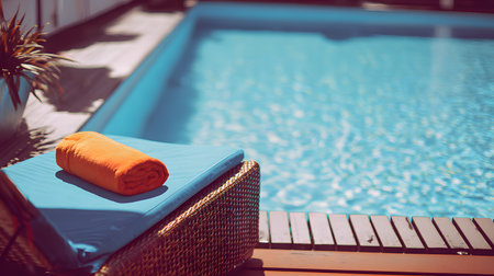 Aerial view of a Beach chair by the swimming pool with sunlight and shadow at a luxury hotel resort. sun loungers and umbrellas. Summer vacation conceptの素材