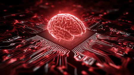 illustration of a circuit board and human brain in red illuminated colors. Technology conceptの素材