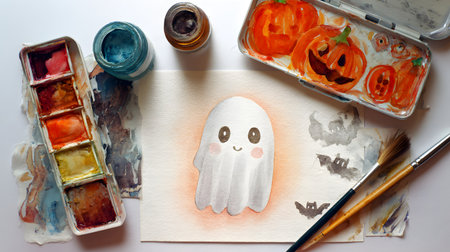 Hand-drawn watercolor illustration of Halloween elements. Halloween card with a picture of a ghost, pumpkins and paint.の素材