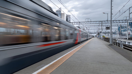 Modern high-speed train on the platform of a railway station. Blurred motionの素材