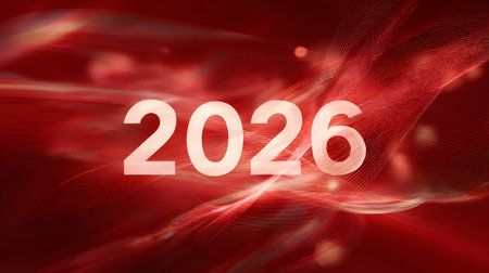 Abstract red background with bokeh lights and numbers for the new year 2026. Happy New Year 2026. Colorful abstract geometric backgroundの素材