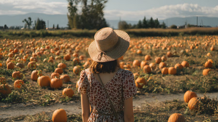 A girl in a straw hat in a large pumpkin patch. A young woman in a yellow dress and hat is standing in a field of orange pumpkinsの素材