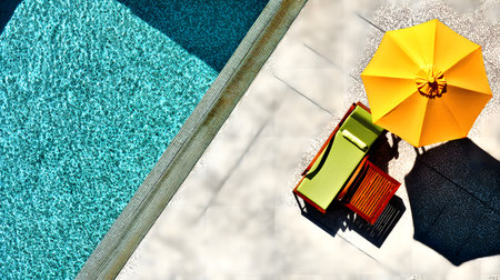 Aerial view of a Beach chair by the swimming pool with sunlight and shadow at a luxury hotel resort. sun loungers and umbrellas. Summer vacation conceptの素材