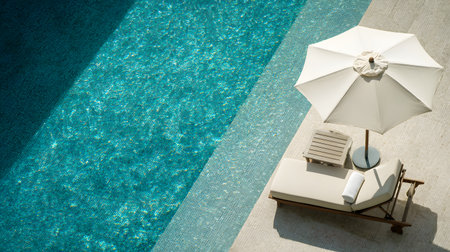 Aerial view of a Beach chair by the swimming pool with sunlight and shadow at a luxury hotel resort. sun loungers and umbrellas. Summer vacation conceptの素材