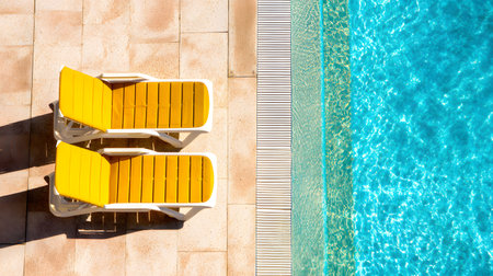 Swimming pool with sun loungers. View from above. luxury hotel resort. Aerial view of a luxury swimming poolの素材