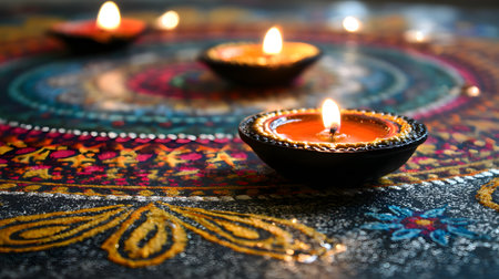 Indian festival Diwali, Diya oil lamps lit on colorful rangoli. Hindu traditional. Happy Deepavali. Copy space for textの素材